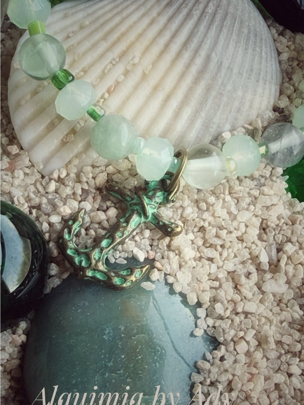 PASTEL GREEN FLUORITE AND Turquoise patina anchor charm